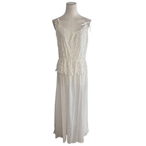 VINTAGE Cream Lace Overlay Cami Dress Sheer Lace Bow‎ Seven Veils M L Boho Maxi